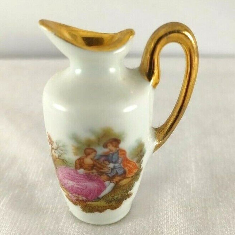 Dollhouse Limoges Miniature Porcelain Pitcher Gold Trim Lovers Signed Fragonard